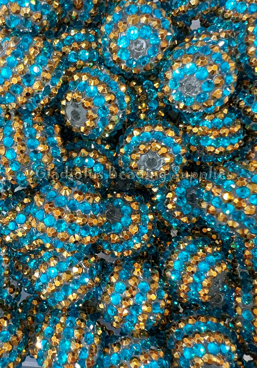 20mm Blue/Gold Striped Rhinestone Beads Acrylic Beads Bubblegum Be