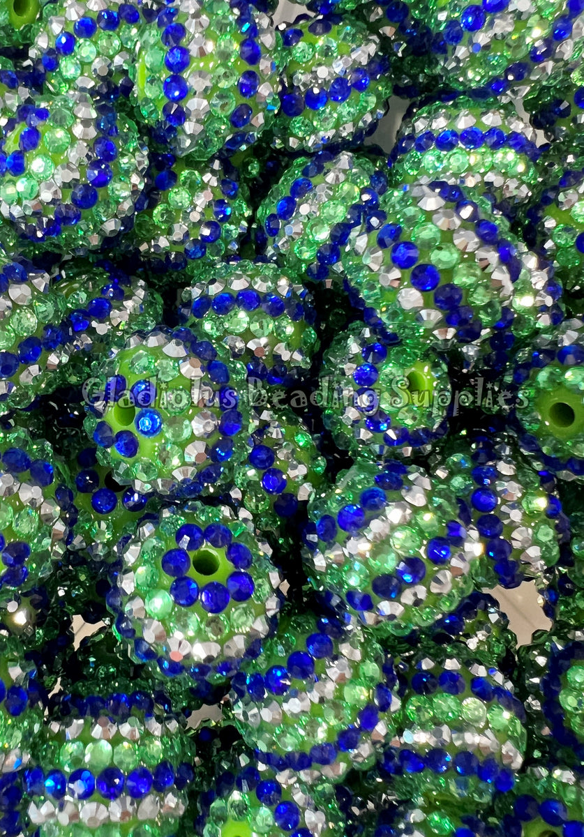 20mm Blue/Green/Silver Striped Rhinestone Beads Acrylic Beads Bubb