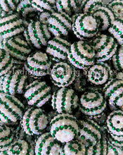 Load image into Gallery viewer, 20mm Green/White Striped Rhinestone Beads - Acrylic  Beads - Bubblegum Beads - Chunky Beads