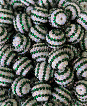 Load image into Gallery viewer, 20mm Green/White Striped Rhinestone Beads - Acrylic  Beads - Bubblegum Beads - Chunky Beads