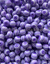 Load image into Gallery viewer, 12mm Purple/White Striped Acrylic Beads - Acrylic Striped Beads - Bubblegum Beads - Chunky Beads