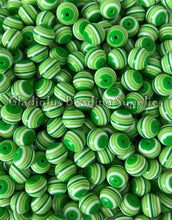 Load image into Gallery viewer, 12mm Green/White Striped Acrylic Beads - Acrylic Striped Beads - Bubblegum Beads - Chunky Beads