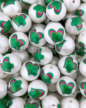 Load image into Gallery viewer, 20mm HEART/CLOVER - St. Patrick Matte Print - White Acrylic Matte Beads - Bubblegum Beads - Chunky Beads