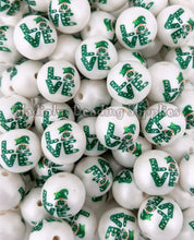 Load image into Gallery viewer, 20mm LOVE/CLOVER - St. Patrick Matte Print - White Acrylic Matte Beads - Bubblegum Beads - Chunky Beads
