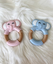 Load image into Gallery viewer, Elephant With Wooden Ring Teether, Silicone Teether BPA free , Food Grade Teether, Sensory Pendant Teether