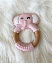Load image into Gallery viewer, Elephant With Wooden Ring Teether, Silicone Teether BPA free , Food Grade Teether, Sensory Pendant Teether