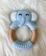 Load image into Gallery viewer, Elephant With Wooden Ring Teether, Silicone Teether BPA free , Food Grade Teether, Sensory Pendant Teether