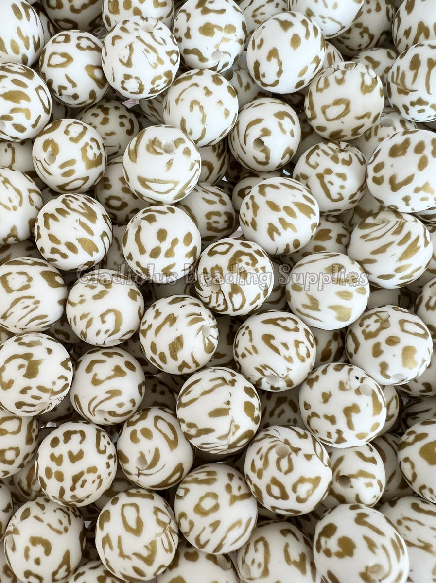 WHITE spotted leopard • cheetah • round silicone beads • 15 mm • silicone  beads • animal print • loose sensory bead • pen for beads lanyard