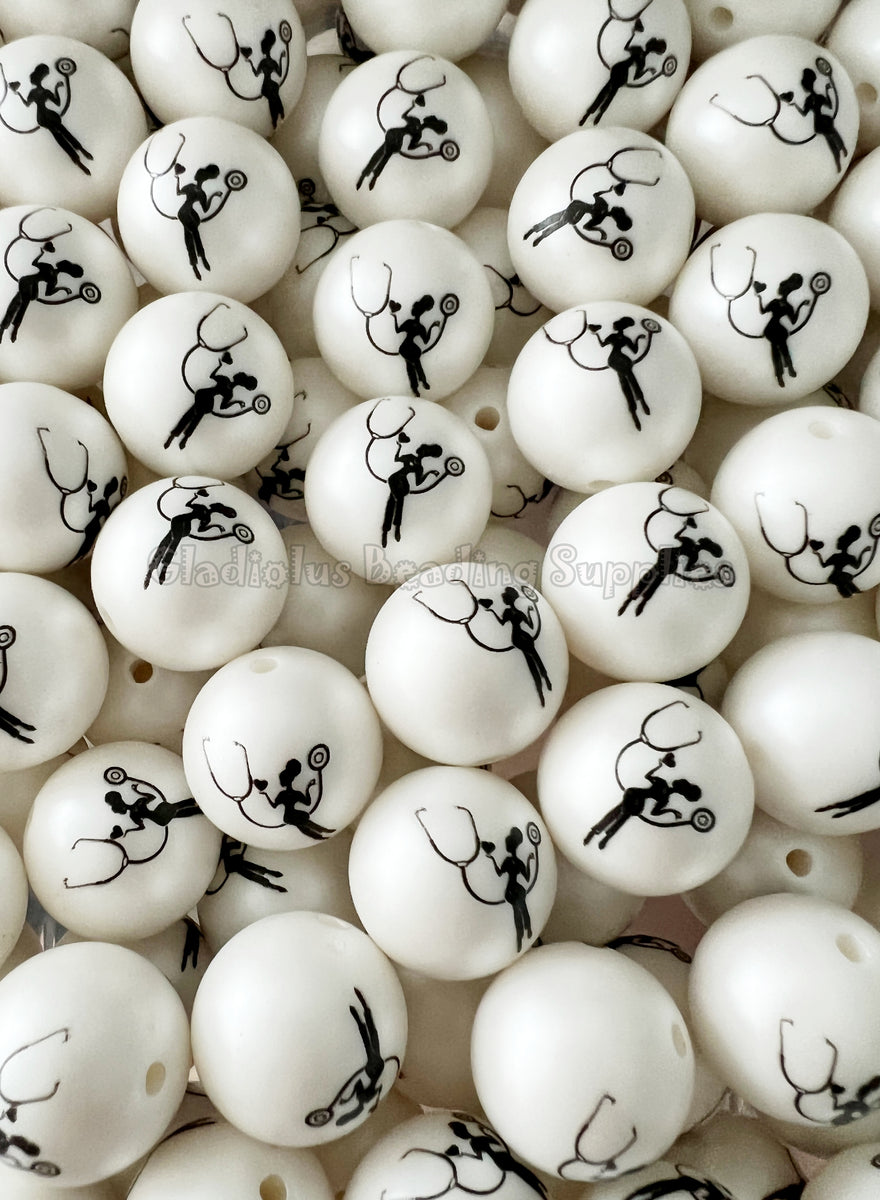 20mm Nursing Matte Print White Acrylic Matter Beads Bubblegum Bead