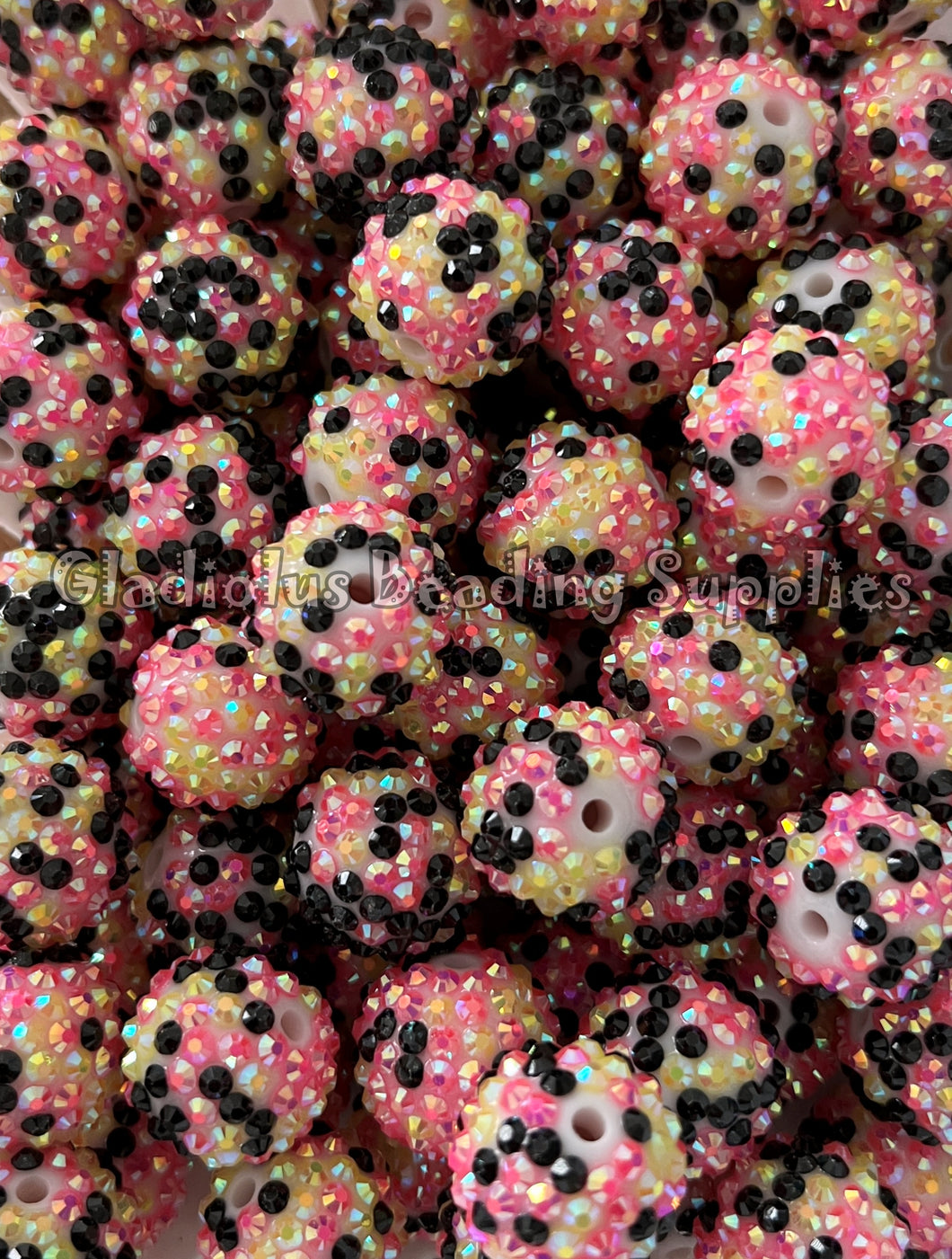 20mm Black/Pink/Yellow Dot Rhinestone Beads - Acrylic Beads - Bubblegum Beads - Chunky Beads