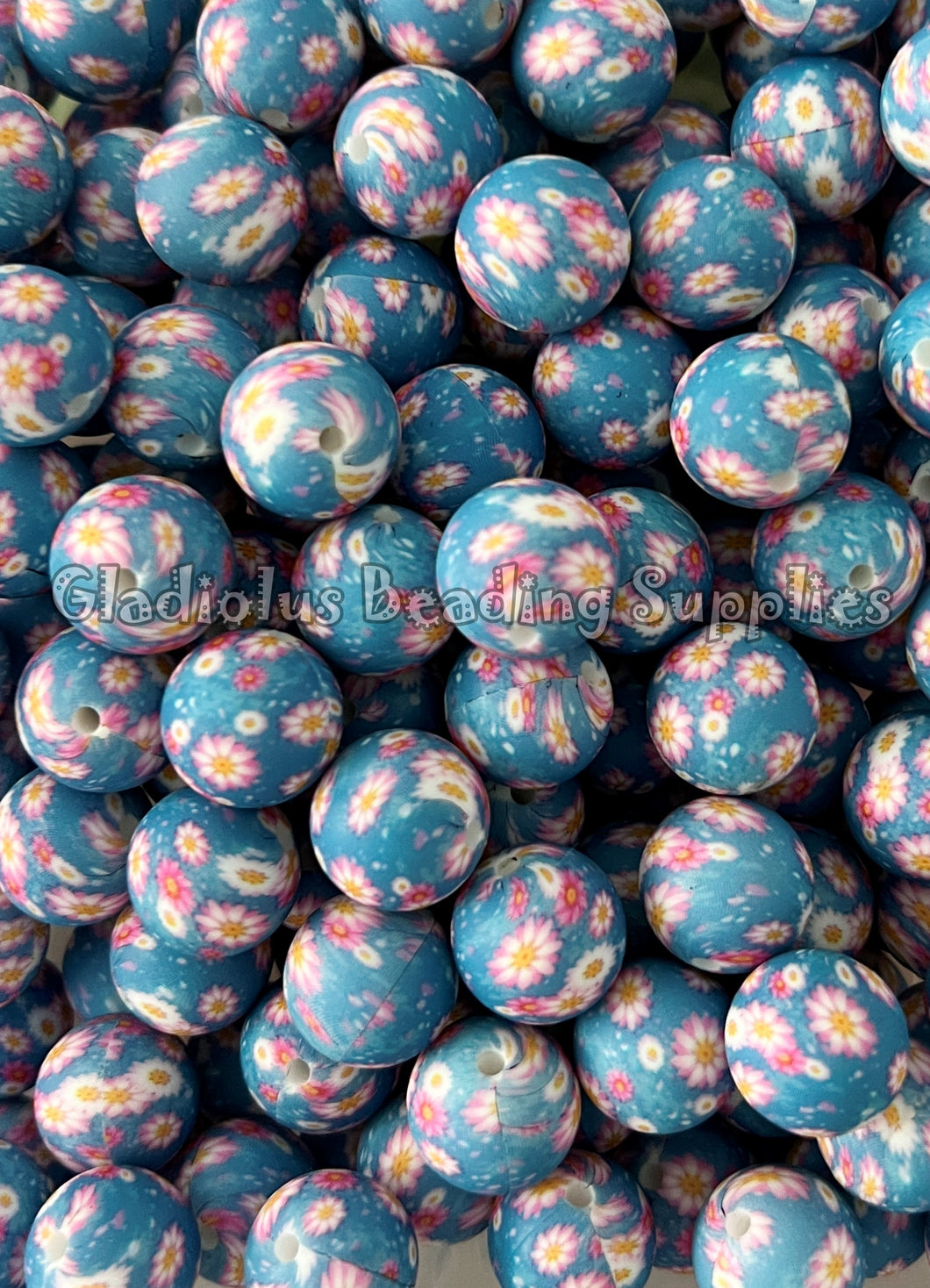 15mm Blue Daisy Print Round Silicone Beads, Loose Beads