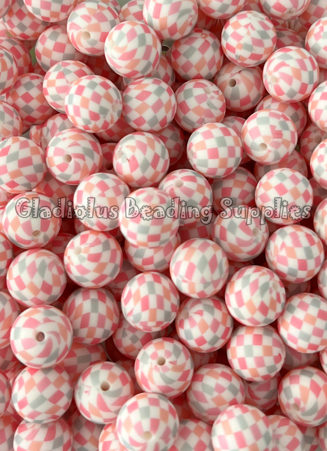 15mm Pink Checkered Print Round Silicone Beads, Loose Beads