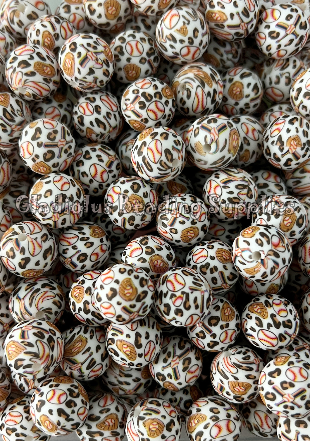 15mm Baseball Print Round Silicone Beads, Loose Beads