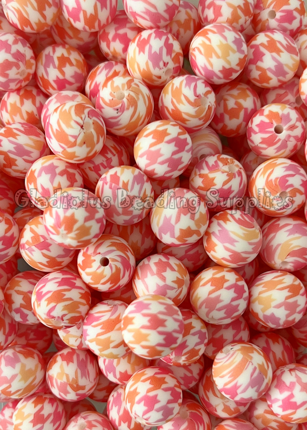 15mm Pink/Orange Print Round Silicone Beads, Loose Beads