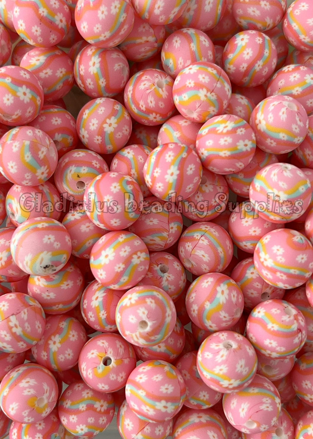 15mm Pink Daisy Print Round Silicone Beads, Loose Beads