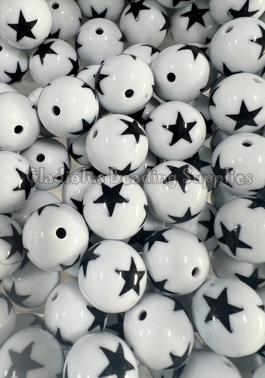 20mm White/Black Solid Star Print - Acrylic Beads - Bubblegum Beads - Chunky Beads