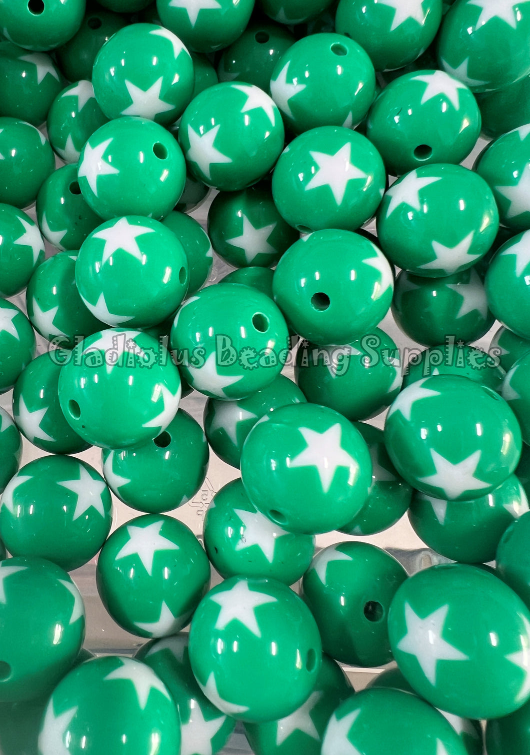 20mm Green Solid Star Print - Acrylic Beads - Bubblegum Beads - Chunky Beads