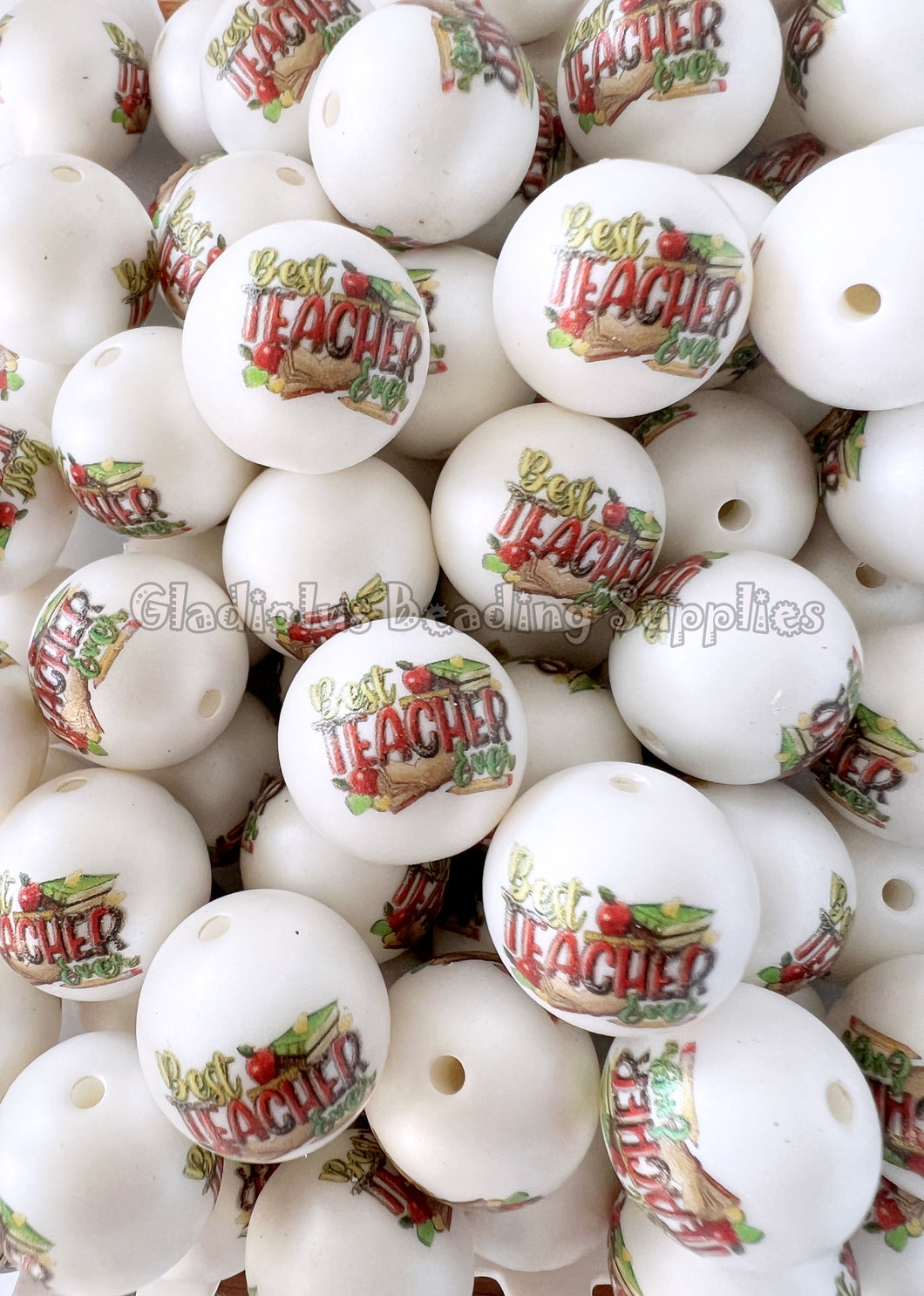 20mm Best Teacher Ever Matte Print - White Acrylic Matte Beads - Bubblegum Beads - Chunky Beads