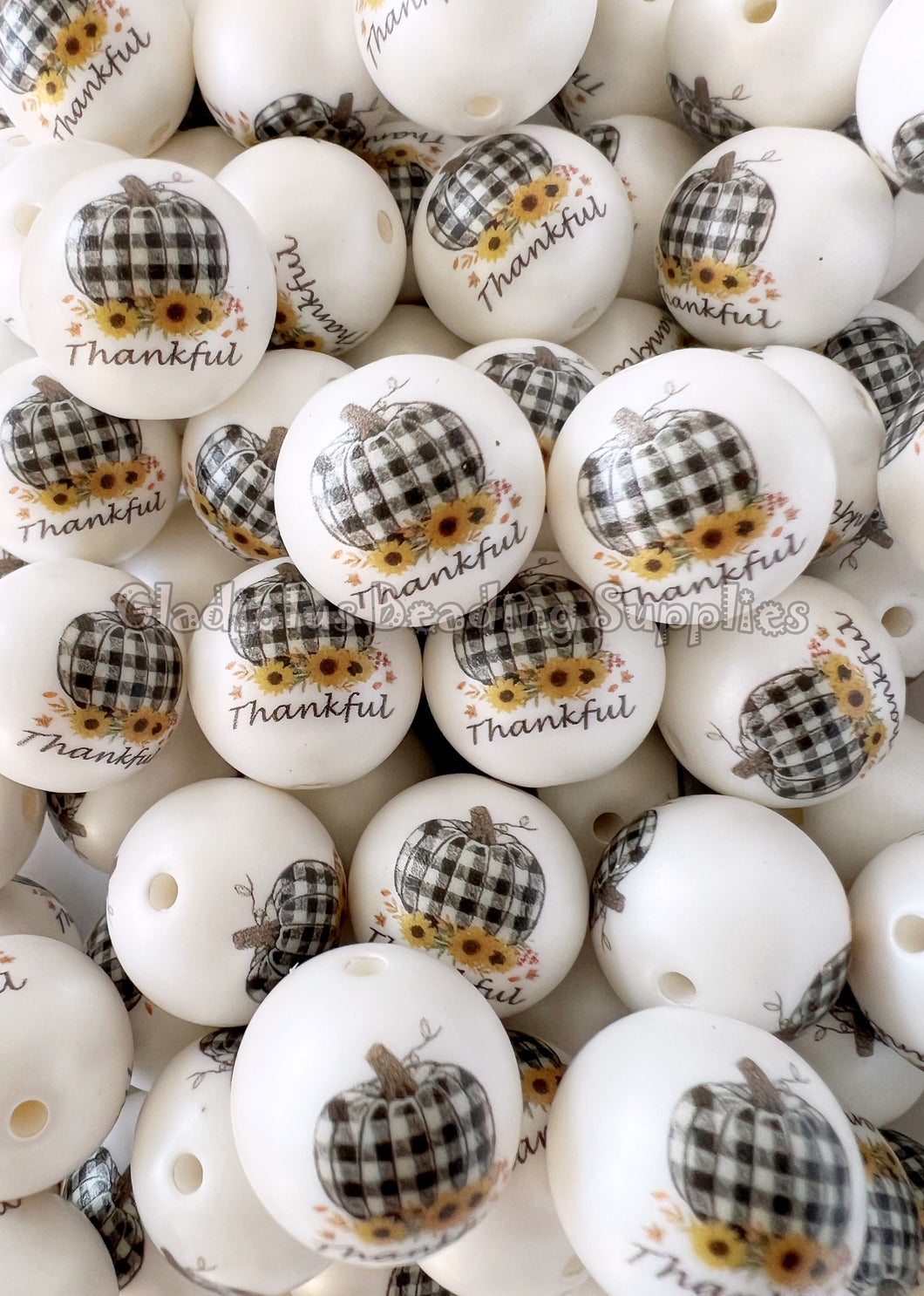 20mm Thankful Matte Print Beads - Plaid Pumpkin Beads - White Acrylic Matte Beads - Thanksgiving Bubblegum Beads - Chunky Beads