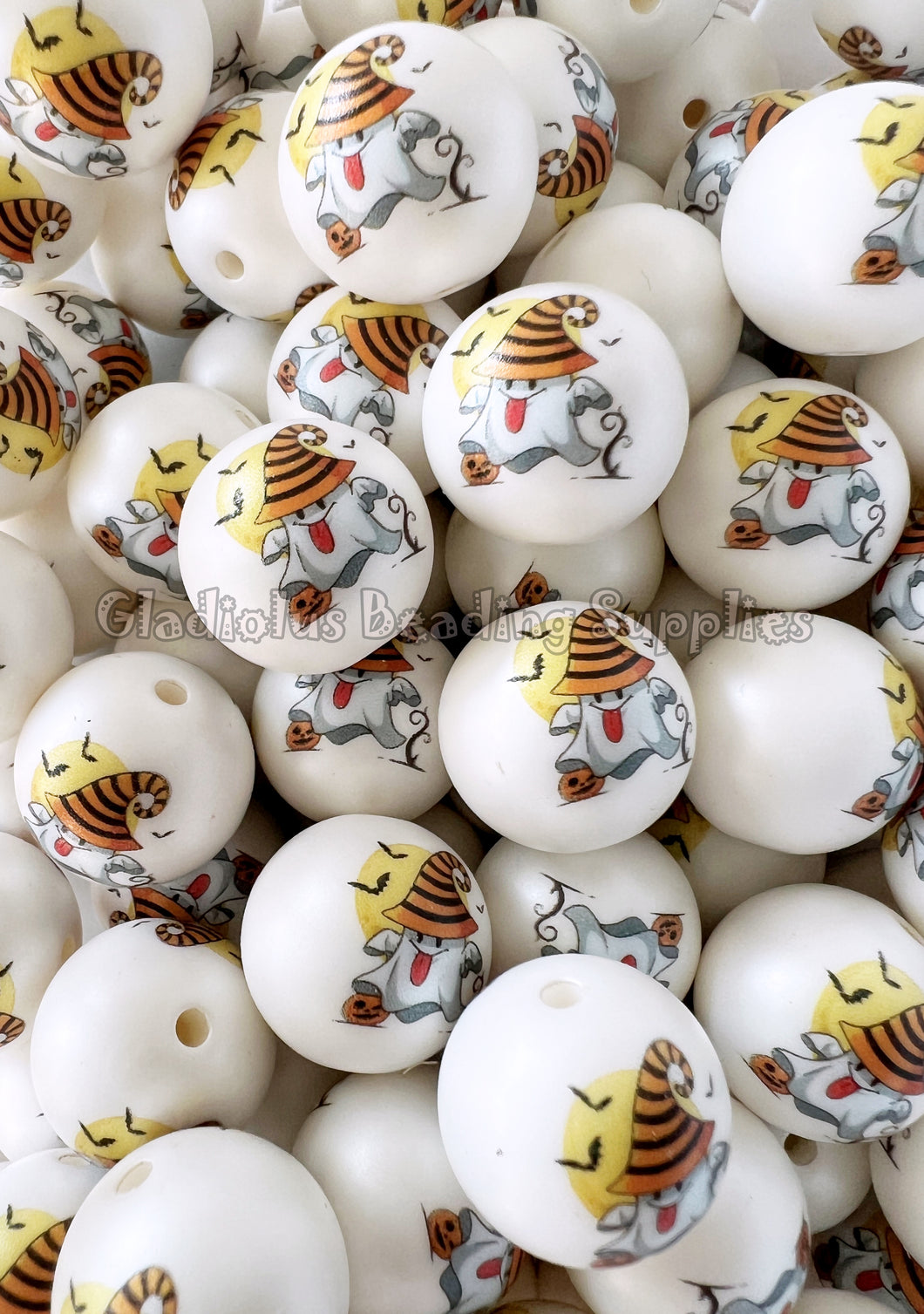 20mm Ghost Matte Print Beads - Halloween Beads - White Acrylic Matte Beads - Bubblegum Beads - Chunky Beads