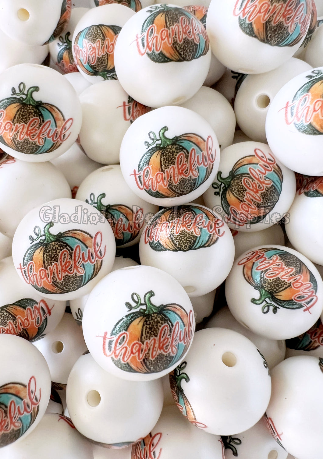 20mm Thankful Matte Print Beads - Pumpkin Beads - White Acrylic Matte Beads - Thanksgiving Bubblegum Beads - Chunky Beads