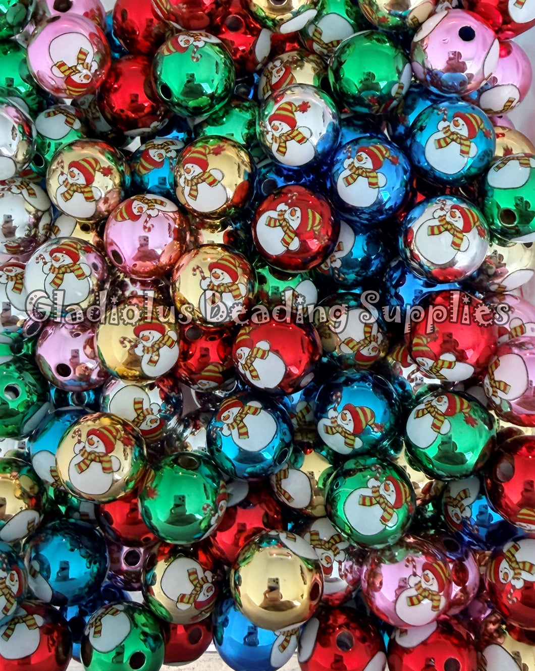 16mm Christmas Snowman Print Beads - Acrylic Beads - Bubblegum Beads - Chunky Beads