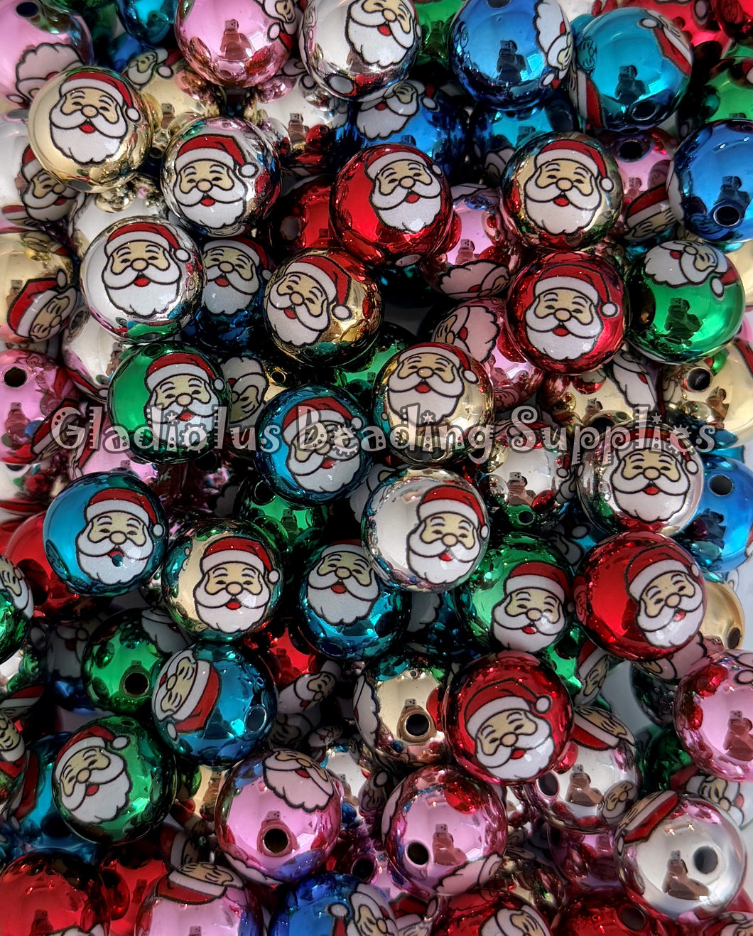 16mm Christmas Santa Print Beads - Acrylic Beads - Bubblegum Beads - Chunky Beads
