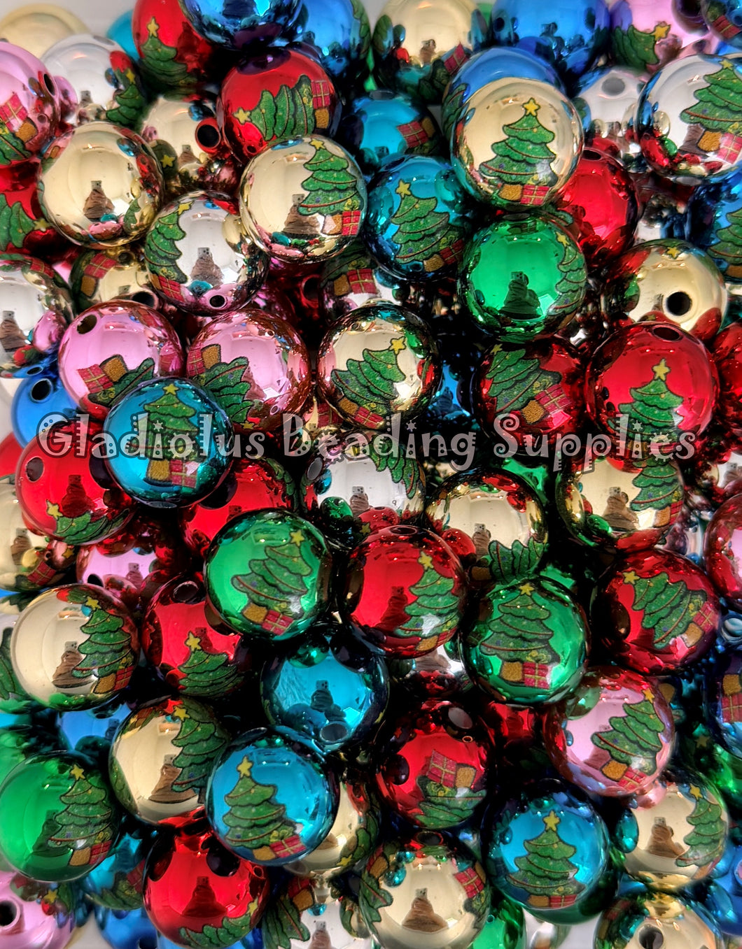 16mm Christmas Tree Print Beads - Acrylic Beads - Bubblegum Beads - Chunky Beads