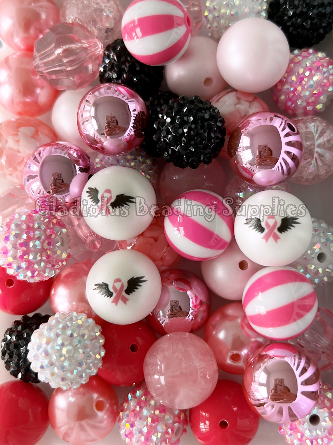 50 Qty 20mm Breast Cancer Awareness Theme Mixed Beads - Pink/White/Black theme - Acrylic Mixed Beads - Chunky Beads