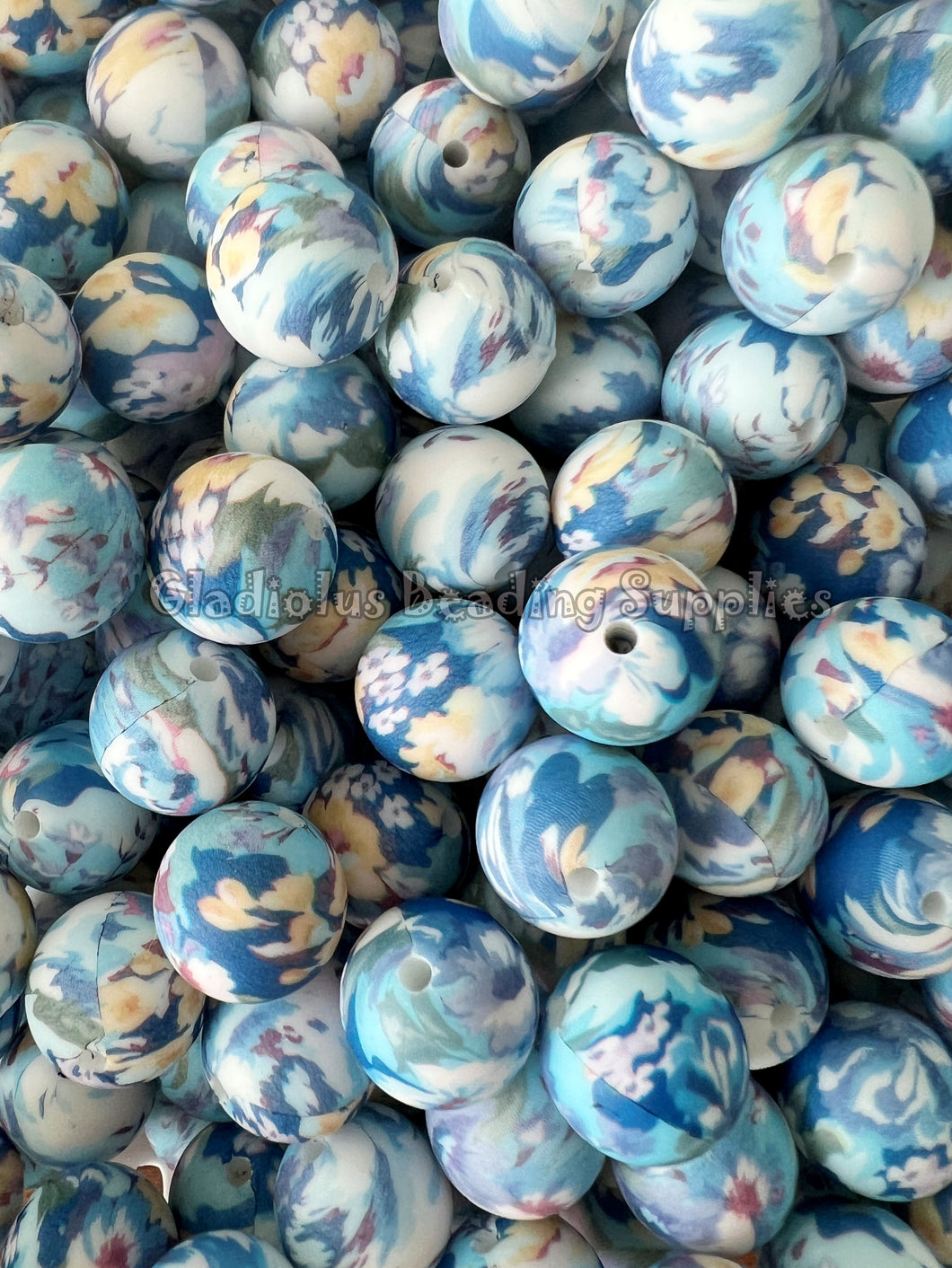 15mm Blue Flower Print Silicone Bead, Loose Beads