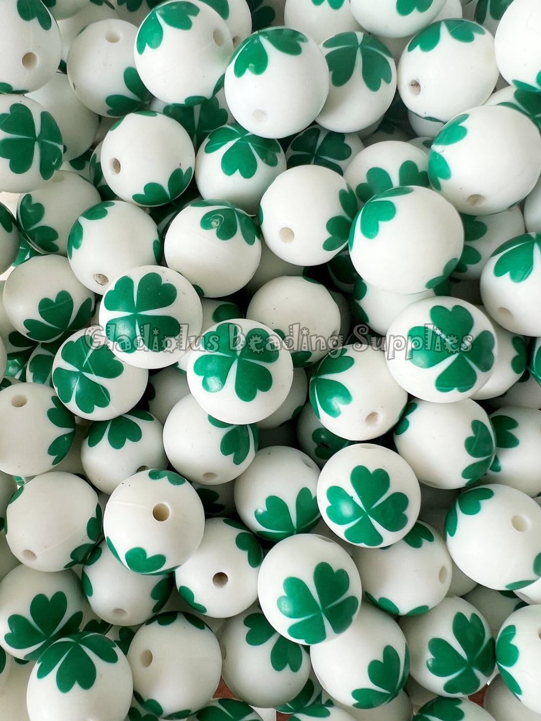 15mm Clover Print Silicone Bead, Loose Beads, St Patrick's Day