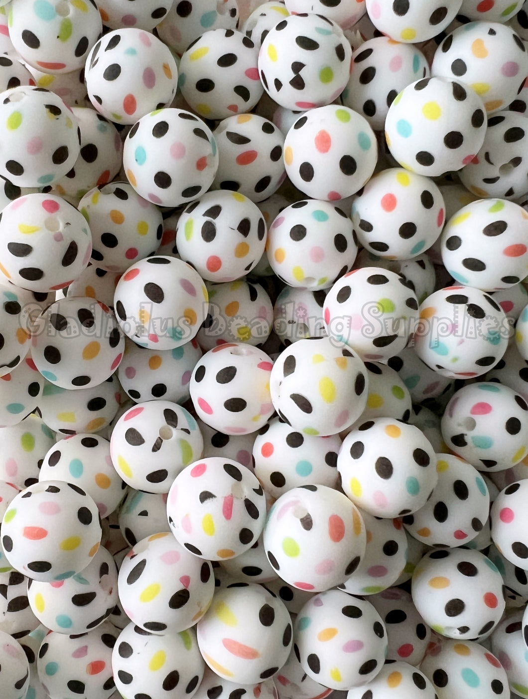 15mm Polka Dot Colorful Print Silicone Bead, Loose Beads.