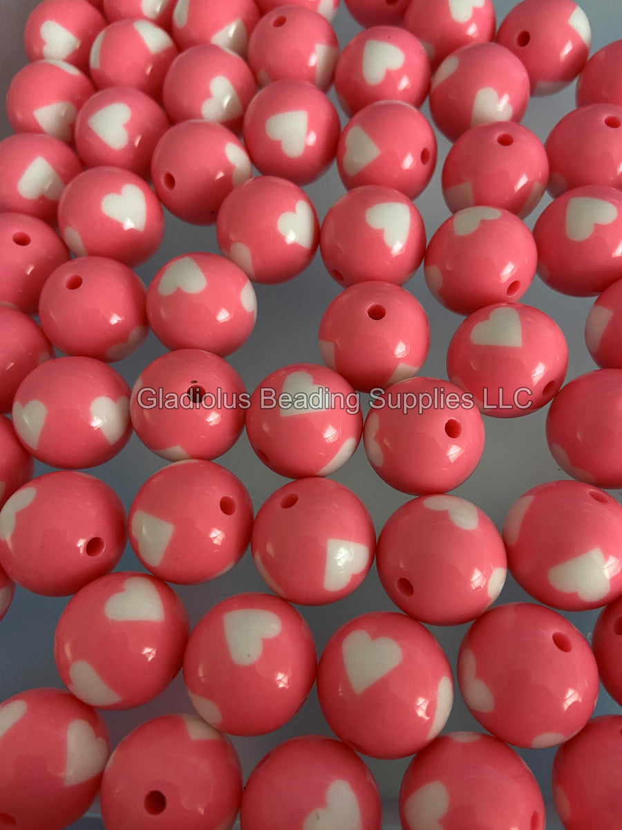 20mm Light Pink Solid Heart Print Acrylic Beads Bubblegum Beads
