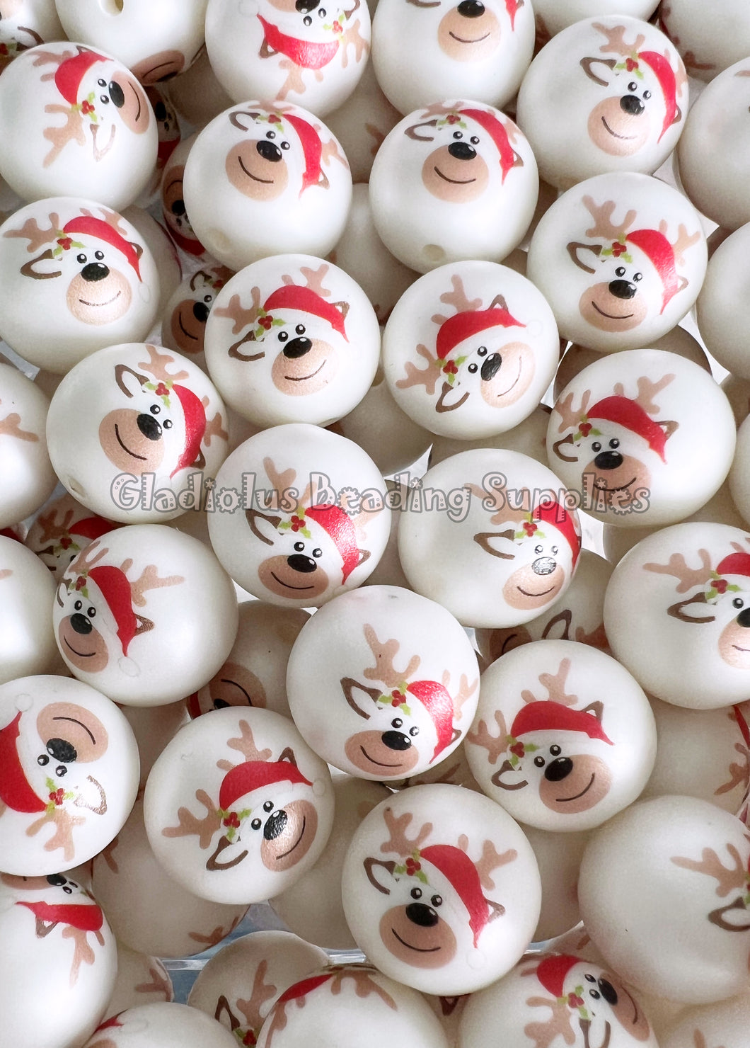 20mm Red Deer Matte Print - White Acrylic Matte Beads - Bubblegum Beads - Christmas Beads