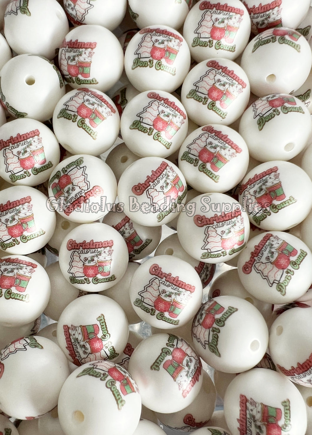 20mm Christmas Calories Don't Count Matte Print - White Acrylic Matte Beads - Bubblegum Beads - Christmas Beads