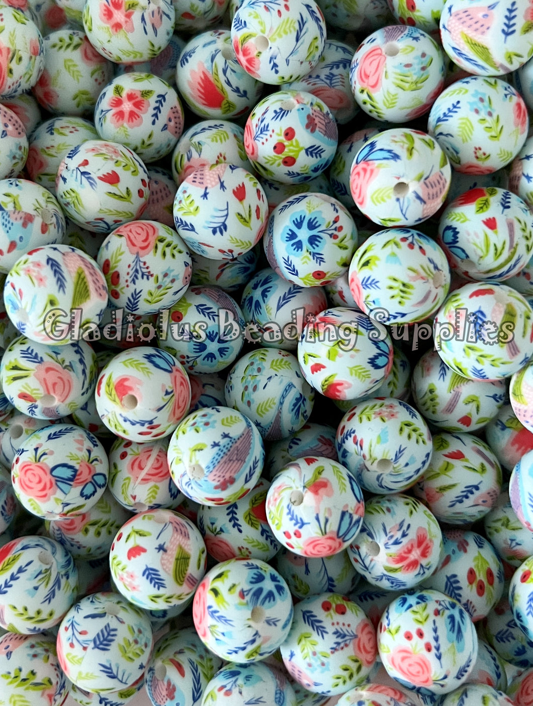 15mm Flower Print Silicone Bead, Loose Beads - Summer theme