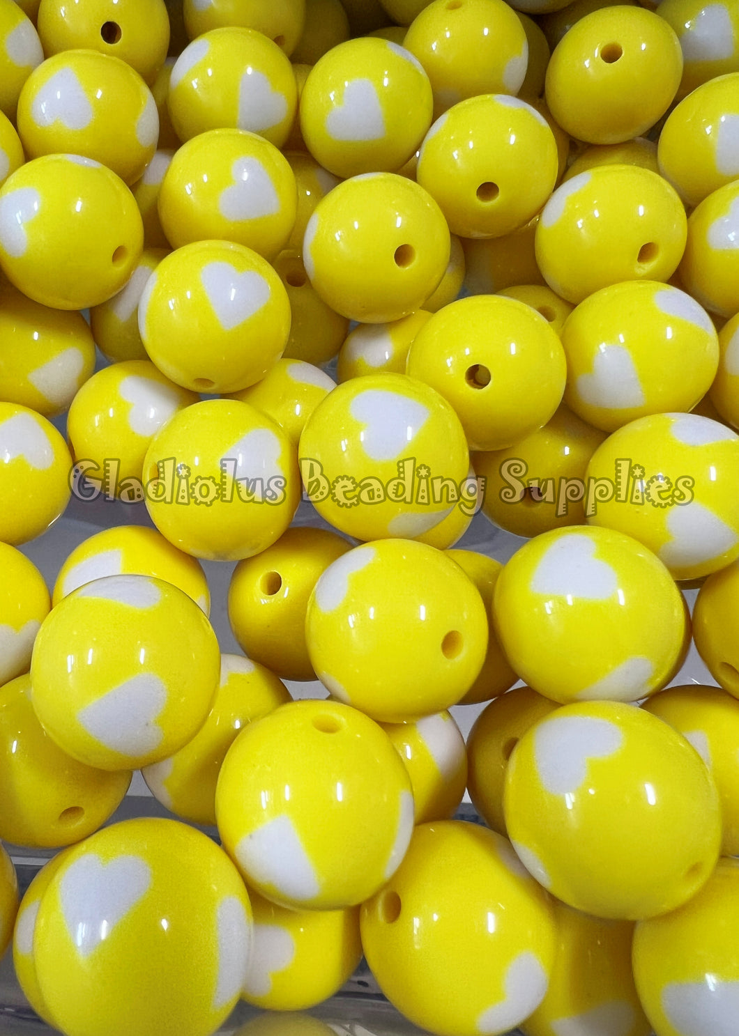 20mm Yellow Solid Heart Print - Acrylic Beads - Bubblegum Beads - Chunky Beads
