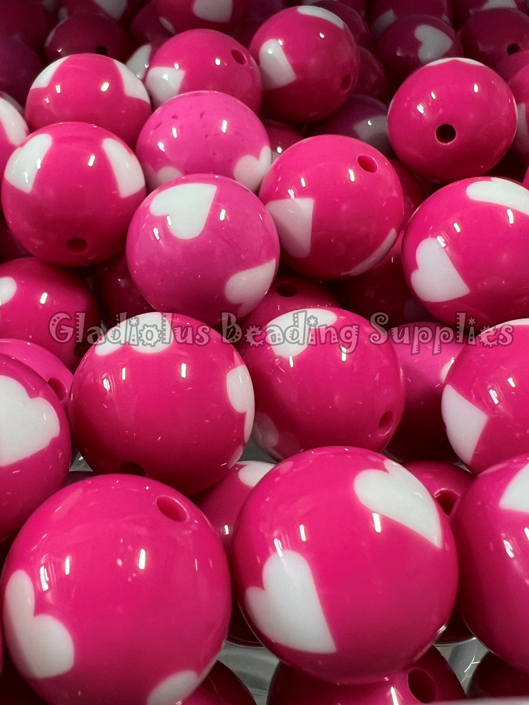 20mm Dark Pink Solid Heart Print - Acrylic Beads - Bubblegum Beads - Chunky Beads