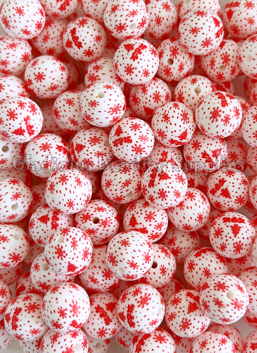 15mm Snowflake Print Silicone Bead, Loose Beads, Christmas Beads