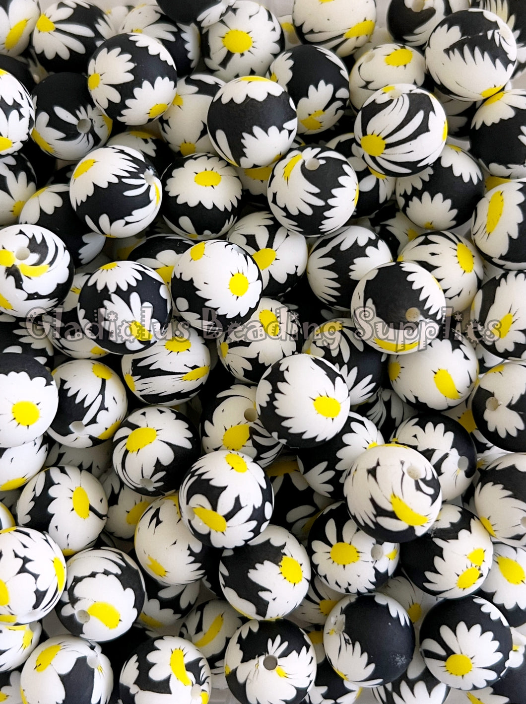 15mm Black White Floral Print Silicone Bead, Loose Beads