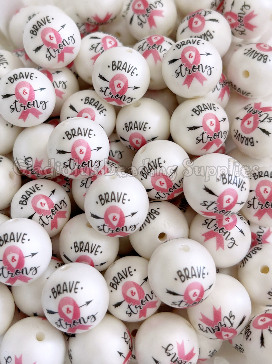 20mm Brave & Strong Matte Print - White Acrylic Matte Beads - Bubblegum Beads - Chunky Beads