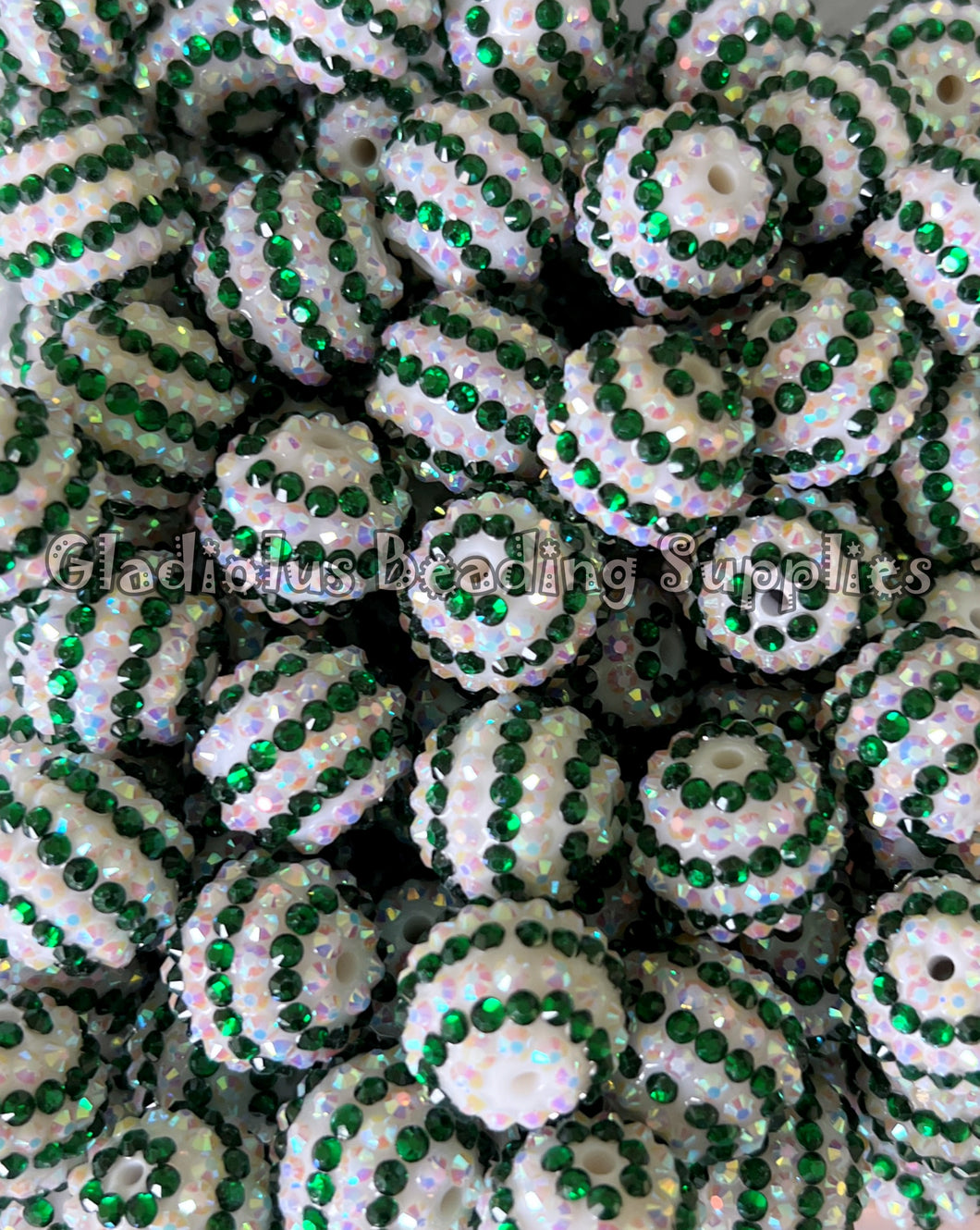 20mm Green/White Striped Rhinestone Beads - Acrylic  Beads - Bubblegum Beads - Chunky Beads
