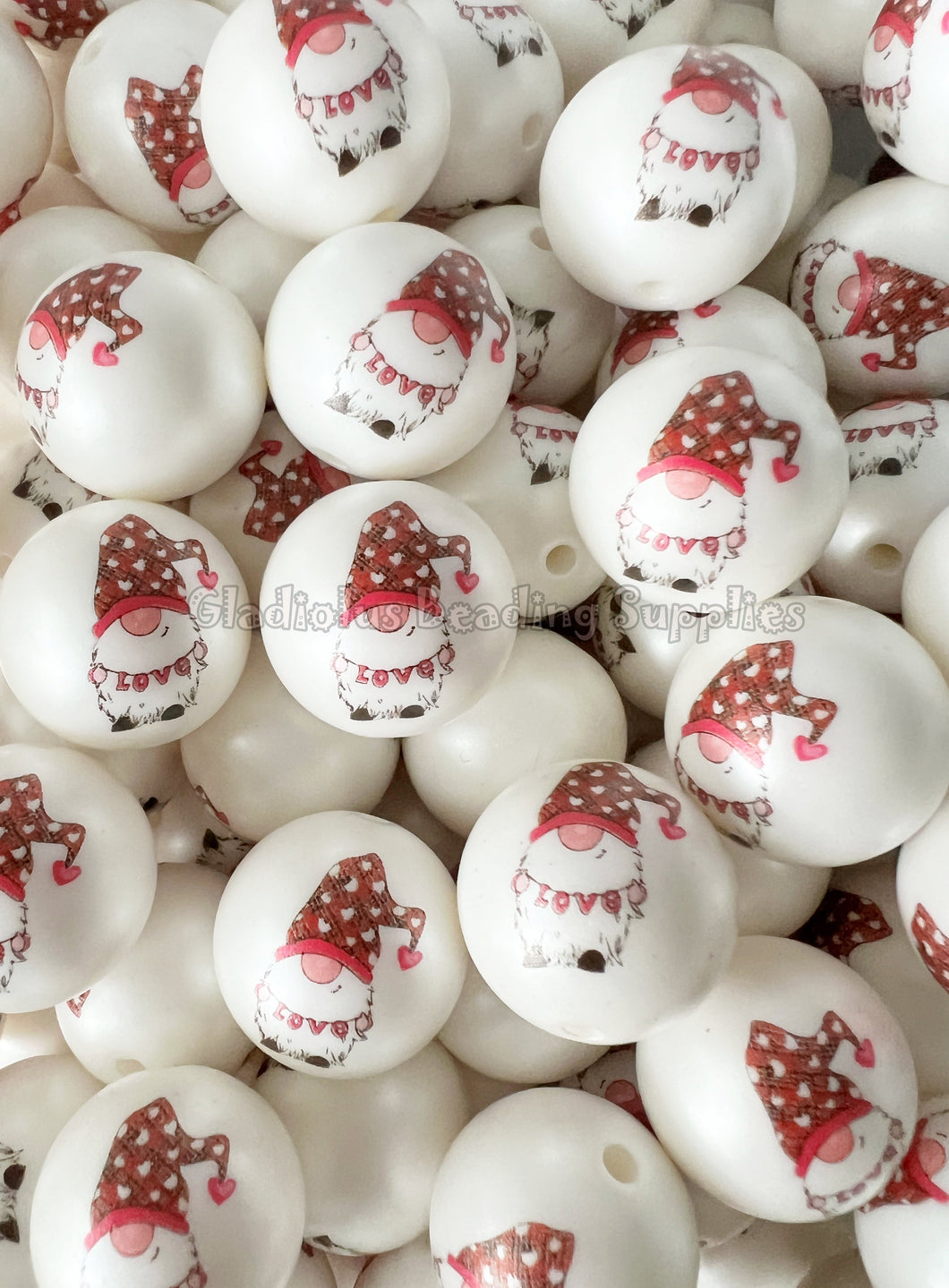 20mm Valentine Gnome Matte Print - White Acrylic Matte Beads - Valentine Beads - Chunky Beads