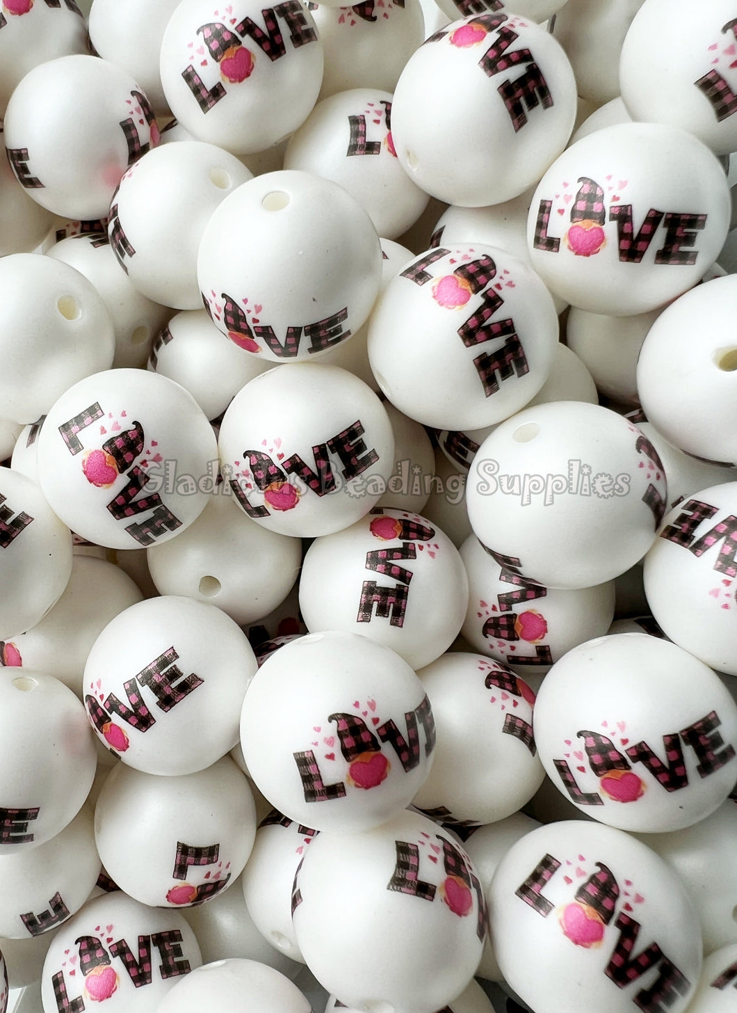 20mm LOVE #1 Matte Print - White Acrylic Matter Beads - Bubblegum Beads - Valentine Chunky Beads