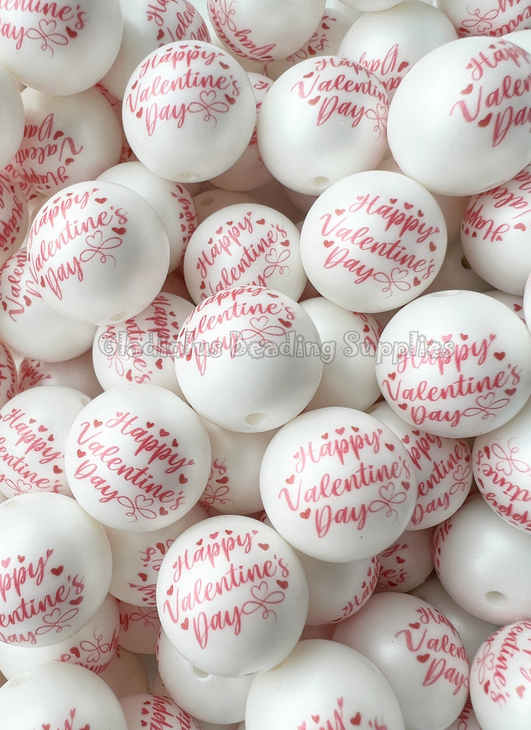 20mm Happy Valentine Matte Print - White Acrylic Matte Beads - Valentine Beads - Chunky Beads