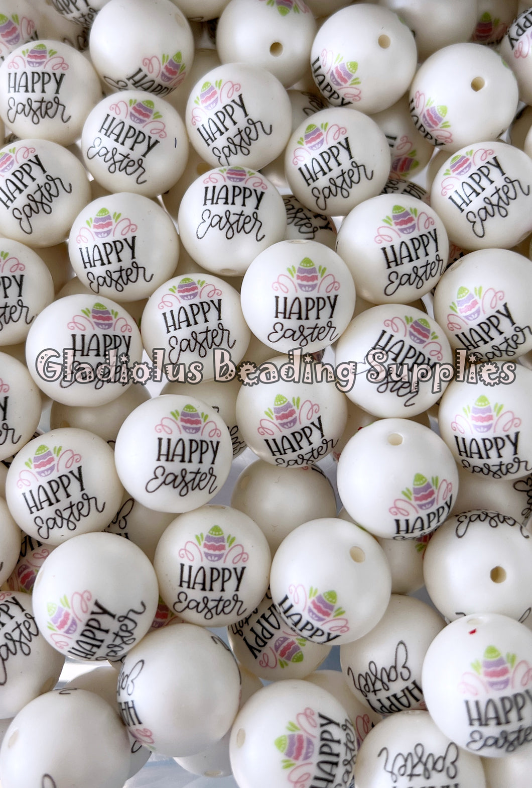 20mm Happy Easter Matte Print - White Acrylic Matte Beads - Bubblegum Beads - Chunky Beads