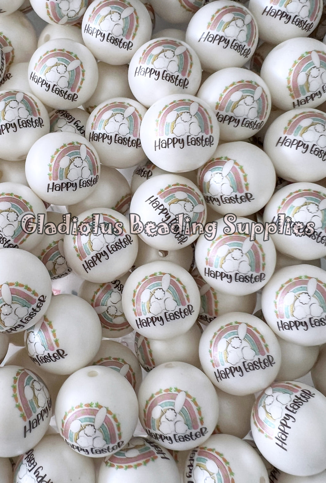 20mm Bunny Beads - Happy Easter Matte Print - White Acrylic Matte Beads - Bubblegum Beads - Chunky Beads