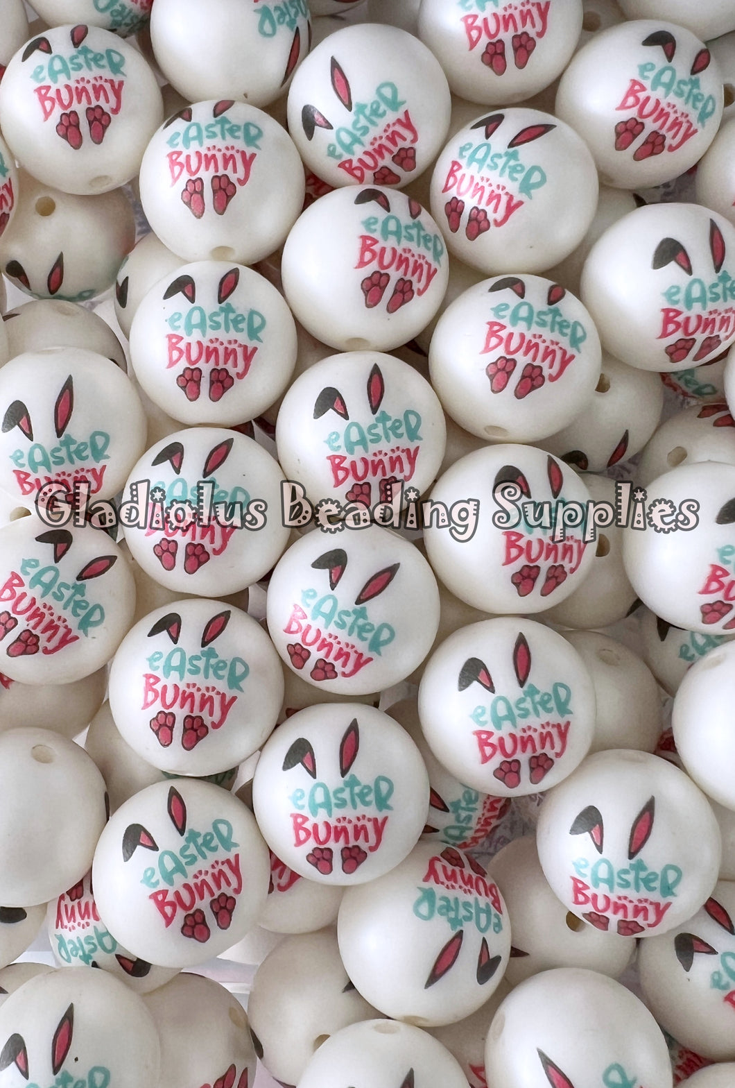 20mm Easter Bunny Matte Print - White Acrylic Matte Beads - Bubblegum Beads - Chunky Beads