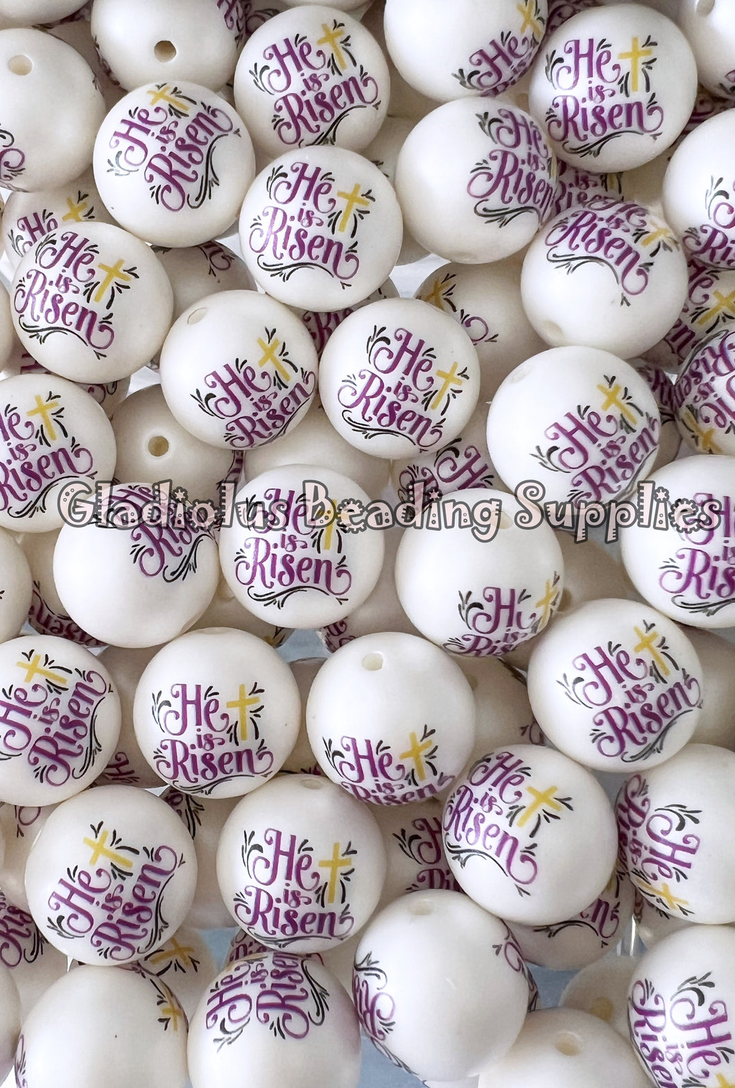 20mm He Is Risen Matte Print - White Acrylic Matte Beads - Bubblegum Beads - Chunky Beads - Easter