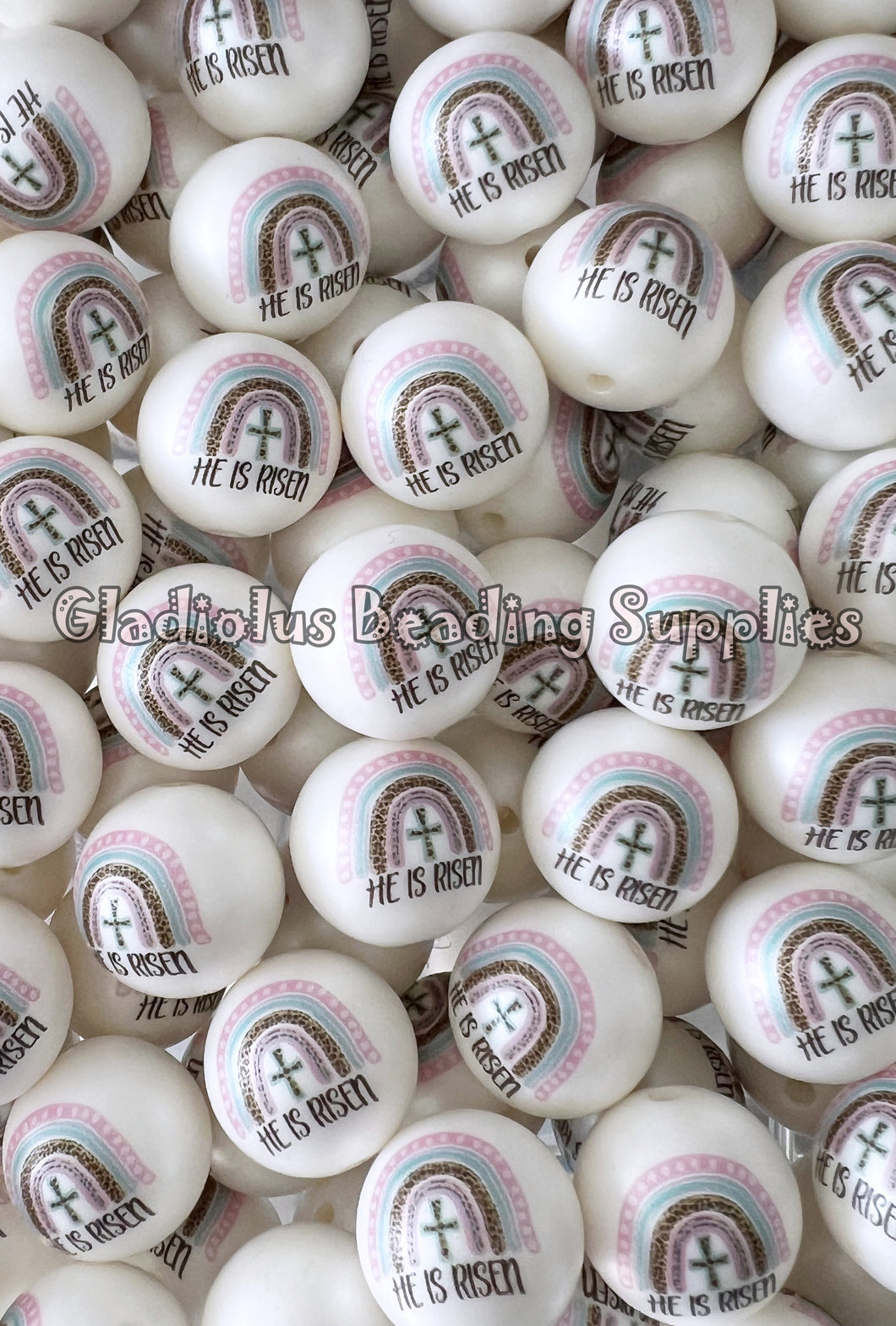 20mm He Is Risen/Rainbow Matte Print - White Acrylic Matte Beads - Bubblegum Beads - Chunky Beads - Easter